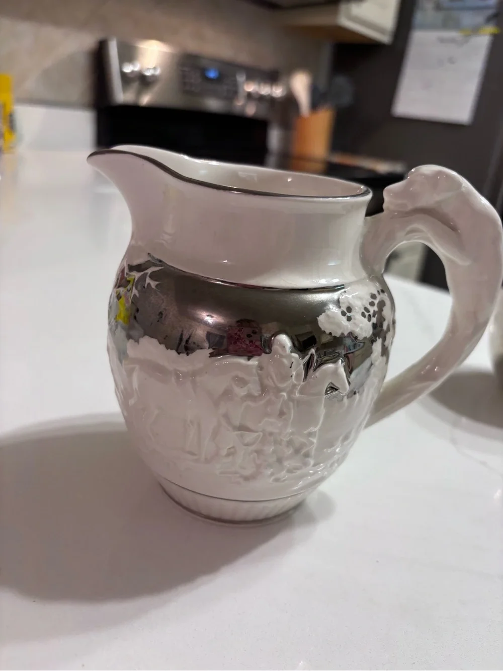 Vintage Wedgwood Eturia Barlaston Creamer Pitcher Ivory Silver Horse Hound Hunt